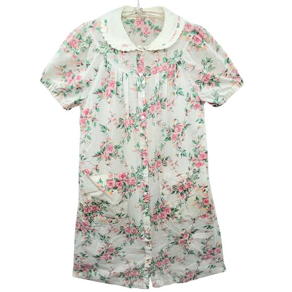 60s Pastel Floral Cottagecore House Dress Ruffle Collar Vintage Charm‎ - Picture 1 of 10